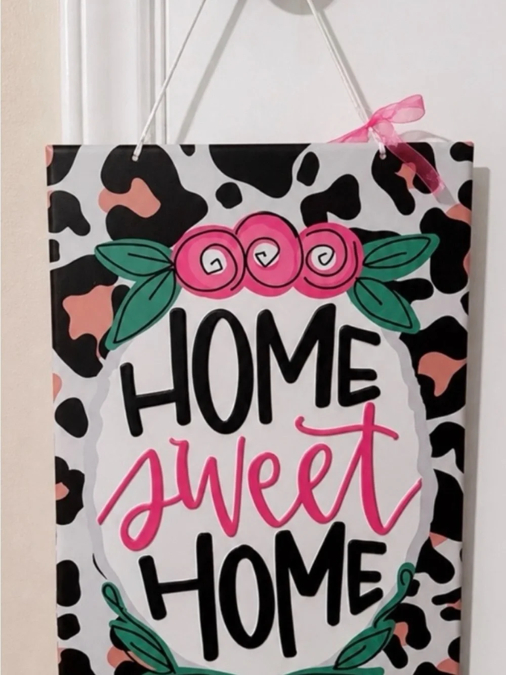 Home Sweet Home Floral Leopard Print Hanging Wall Sign | Pink & Black!